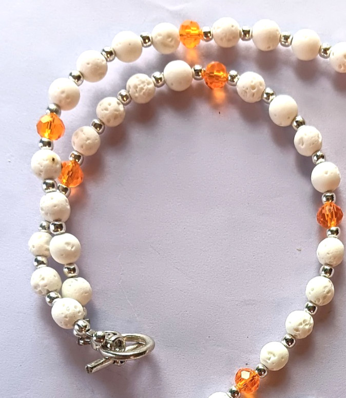 orange AGATE yellow SHELL PEARL Lava Rock necklace SP LEVERBACK handcrafted