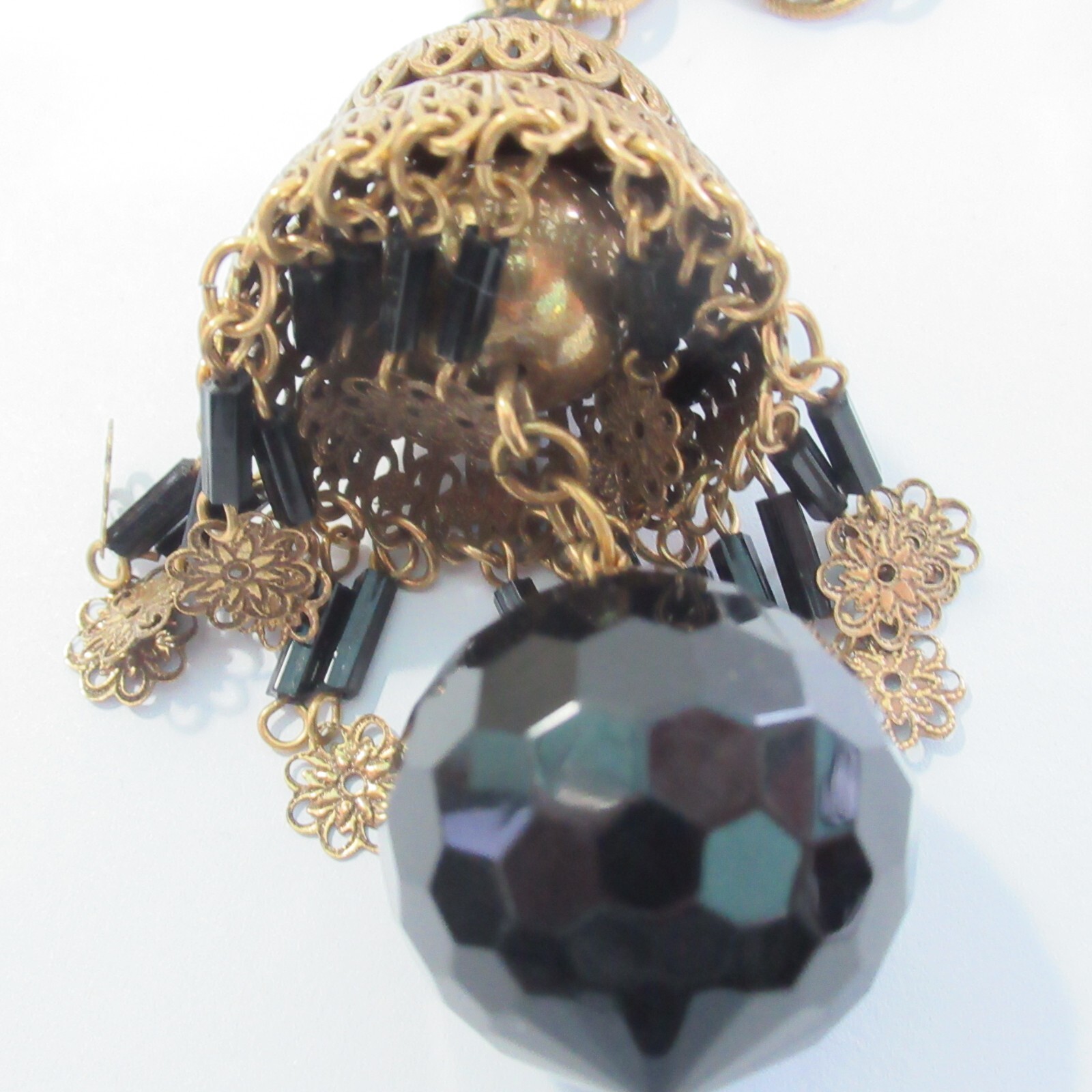 Long Vintage Necklace Bell Style Brass Pendant Black Glass Ball