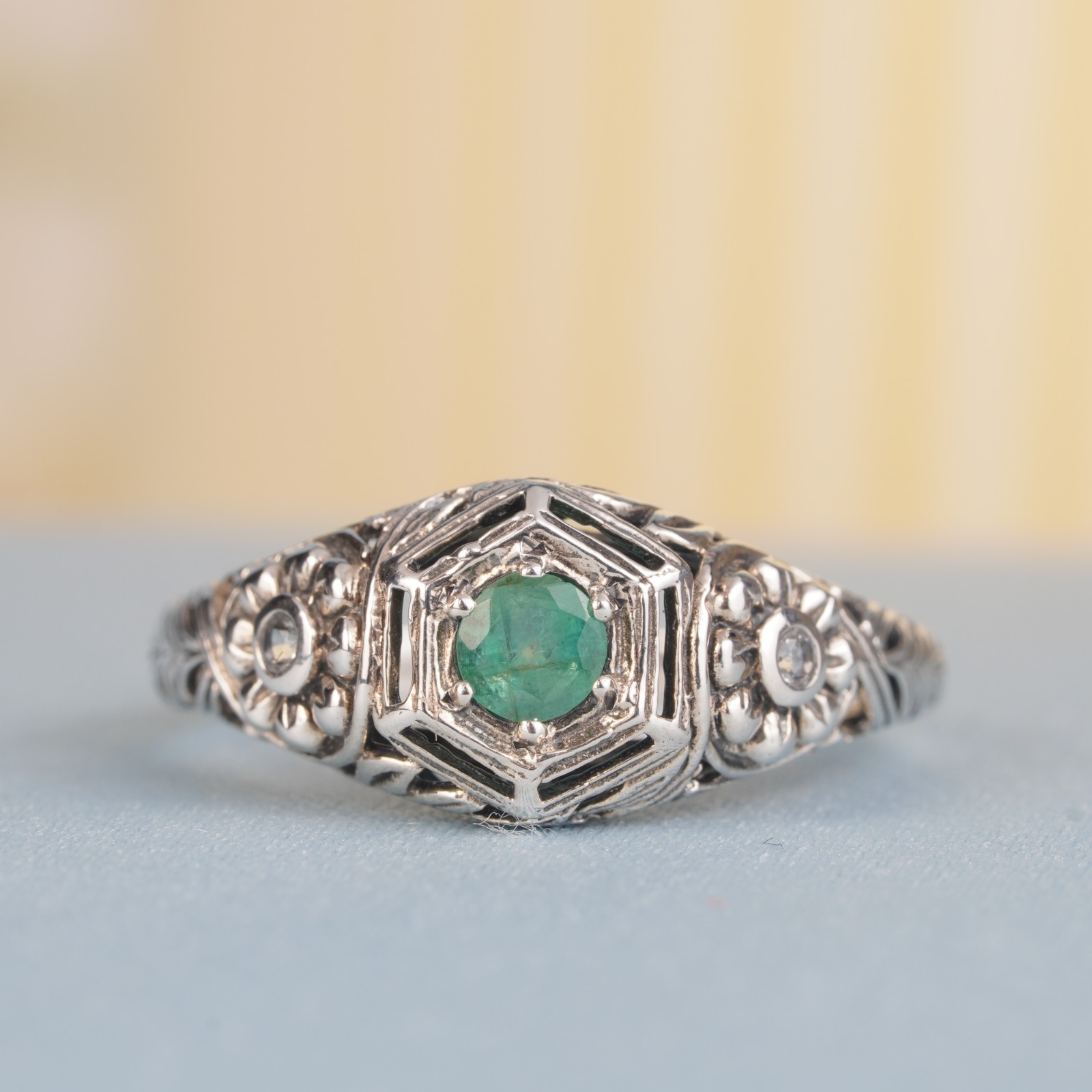 Silver925 Natural Emerald White Topaz Vintage Filigree Ring