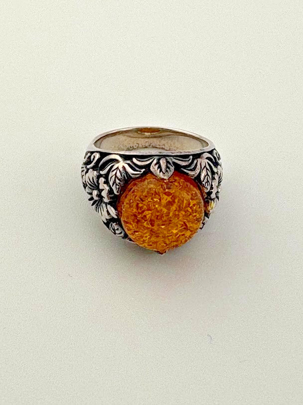 BBJ BANGKOK 925 STERLING SILVER 11MM ROUND AMBER FLORAL RING SIZE 5 BOHO 640