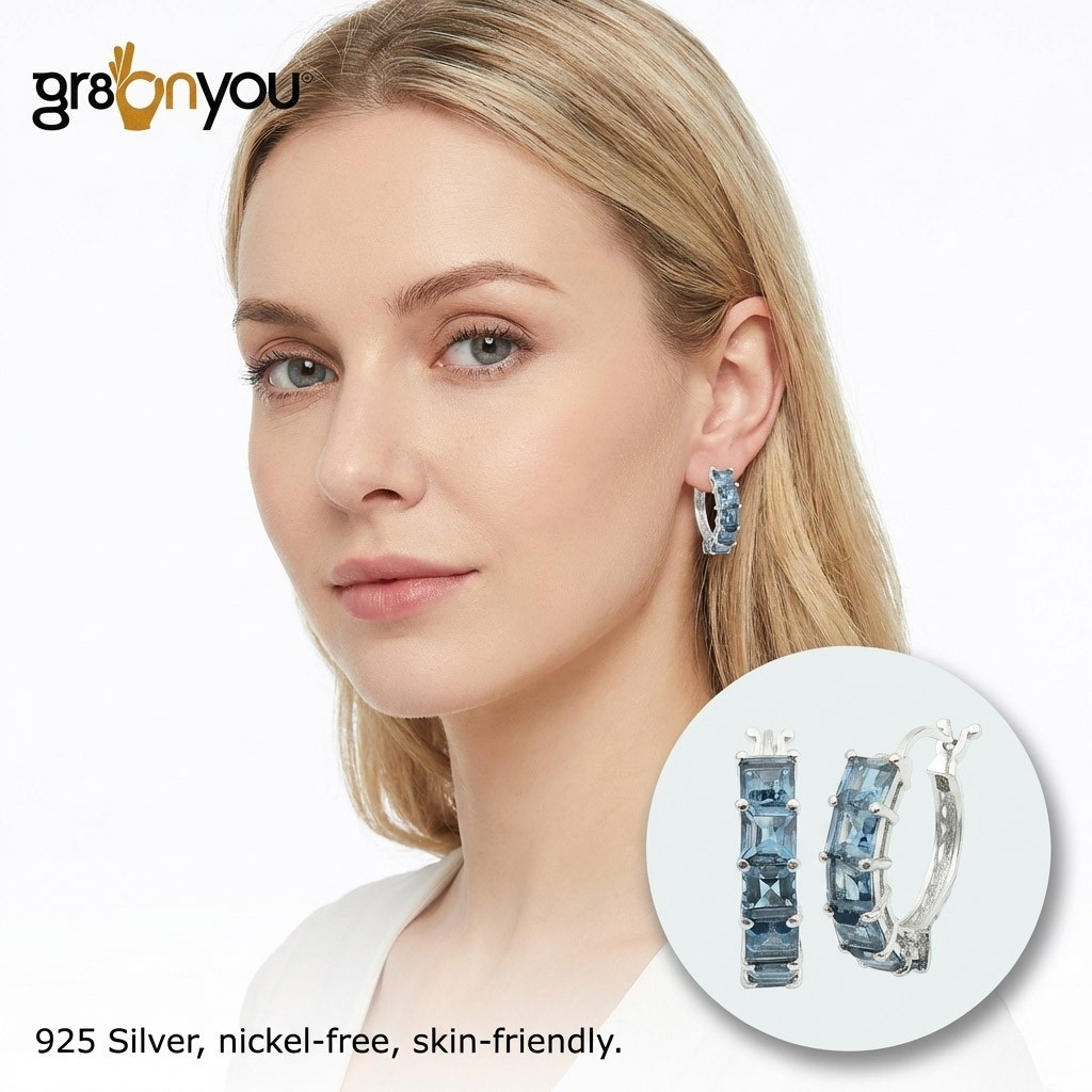 gr8onyou Rare LONDON BLUE TOPAZ 925 Silver Striking Statement Hoop Earrings