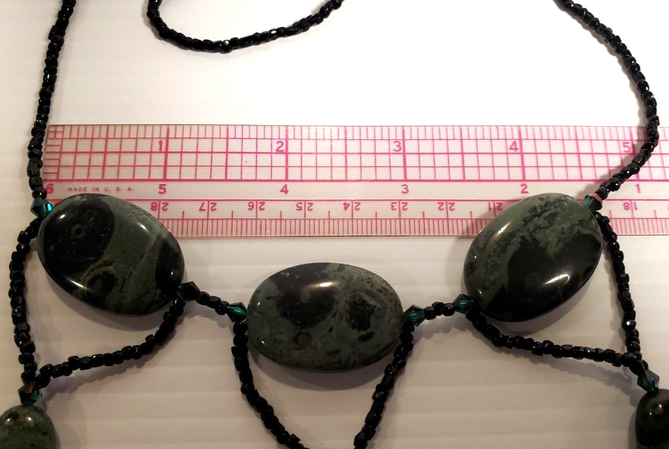 Black & Deep Green Natural Forest Jasper Stone 27″ Length Festoon Necklace OOAK
