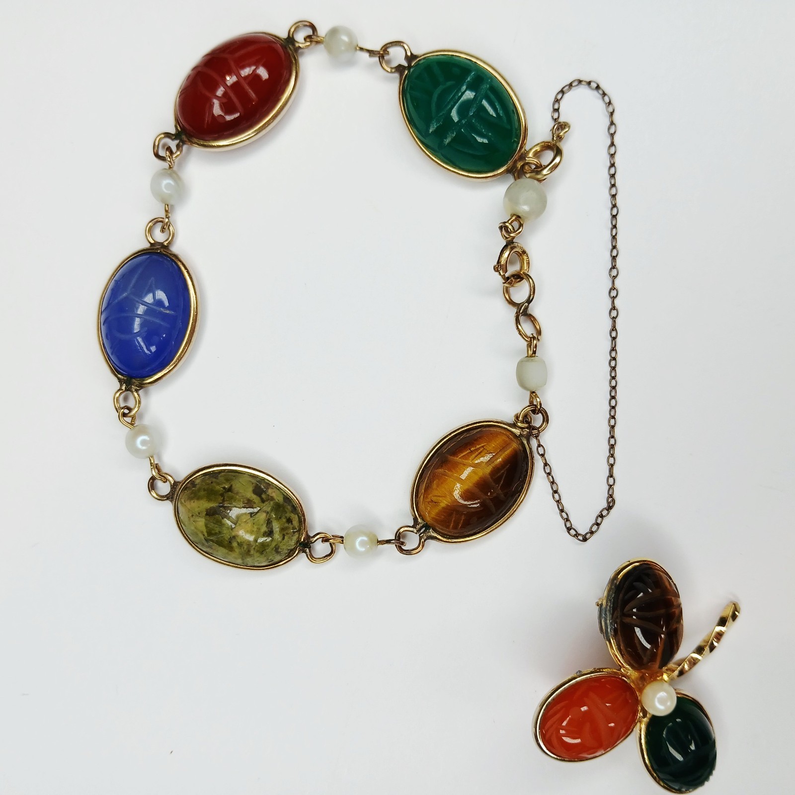 Vintage ~ Burt Cassell Egyptian Revival Gemstone Scarab Bracelet & Brooch Set 8″