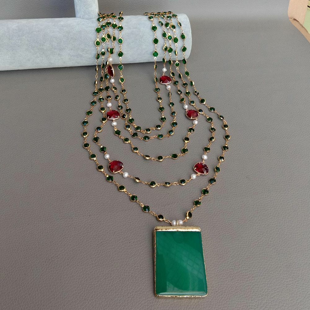 5 Strands 18” White Pearl Green Crystal Chain Necklace Green Agate Pendant