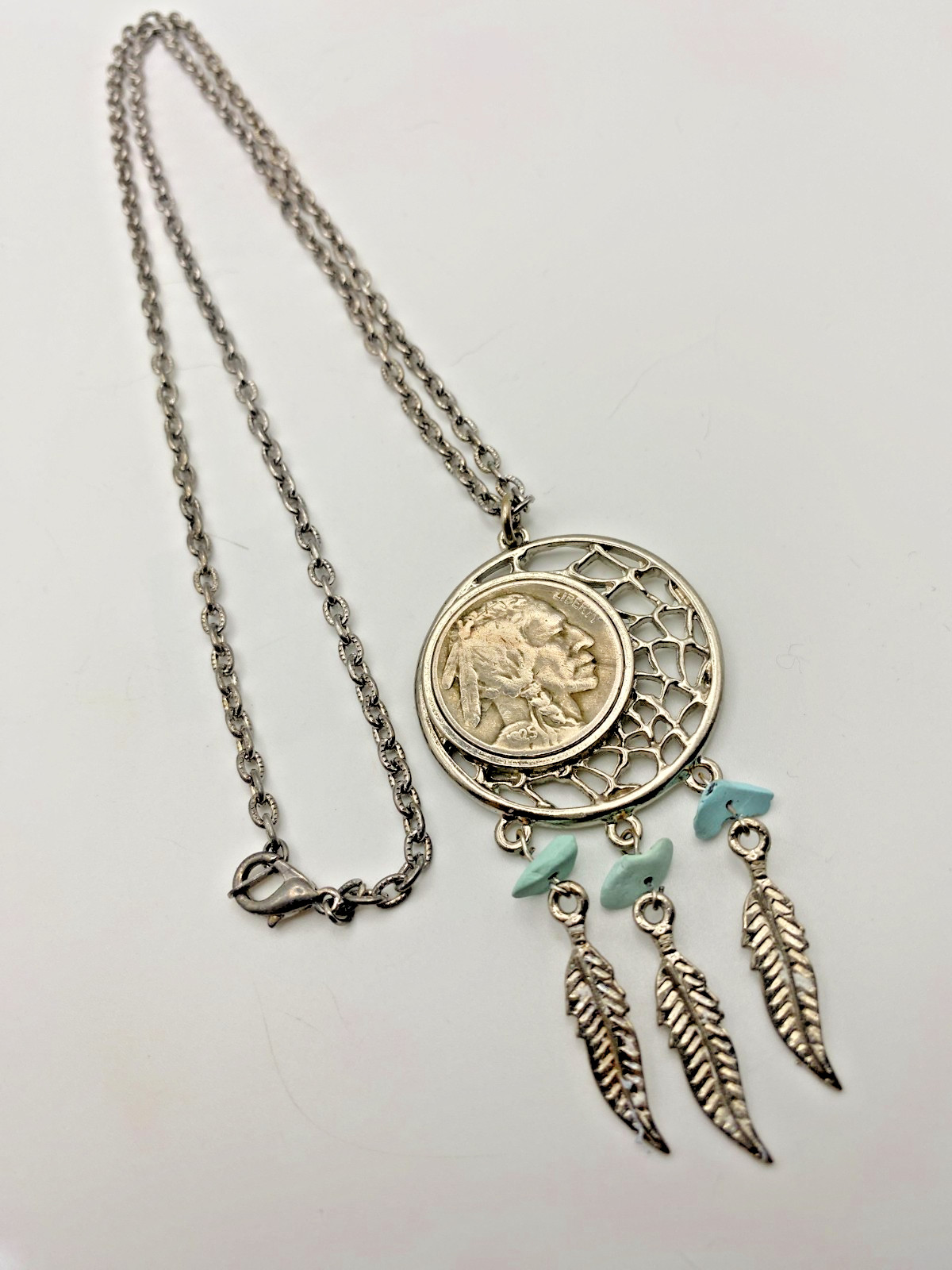 1925 Buffalo Nickel Dream Catcher Pendant 24″ Chain Silver Tone Metal Chain