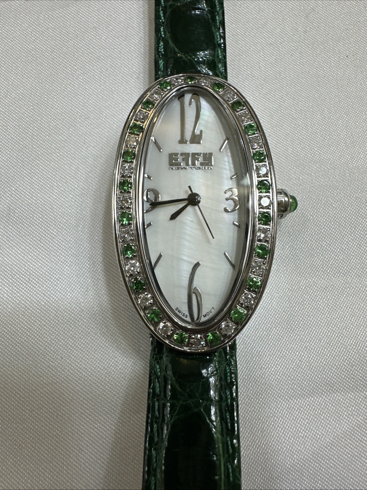 Effy Diamond & Tsavorite 1.78 Ct Swiss Quartz Ladies Watch Green Crocodile Strap