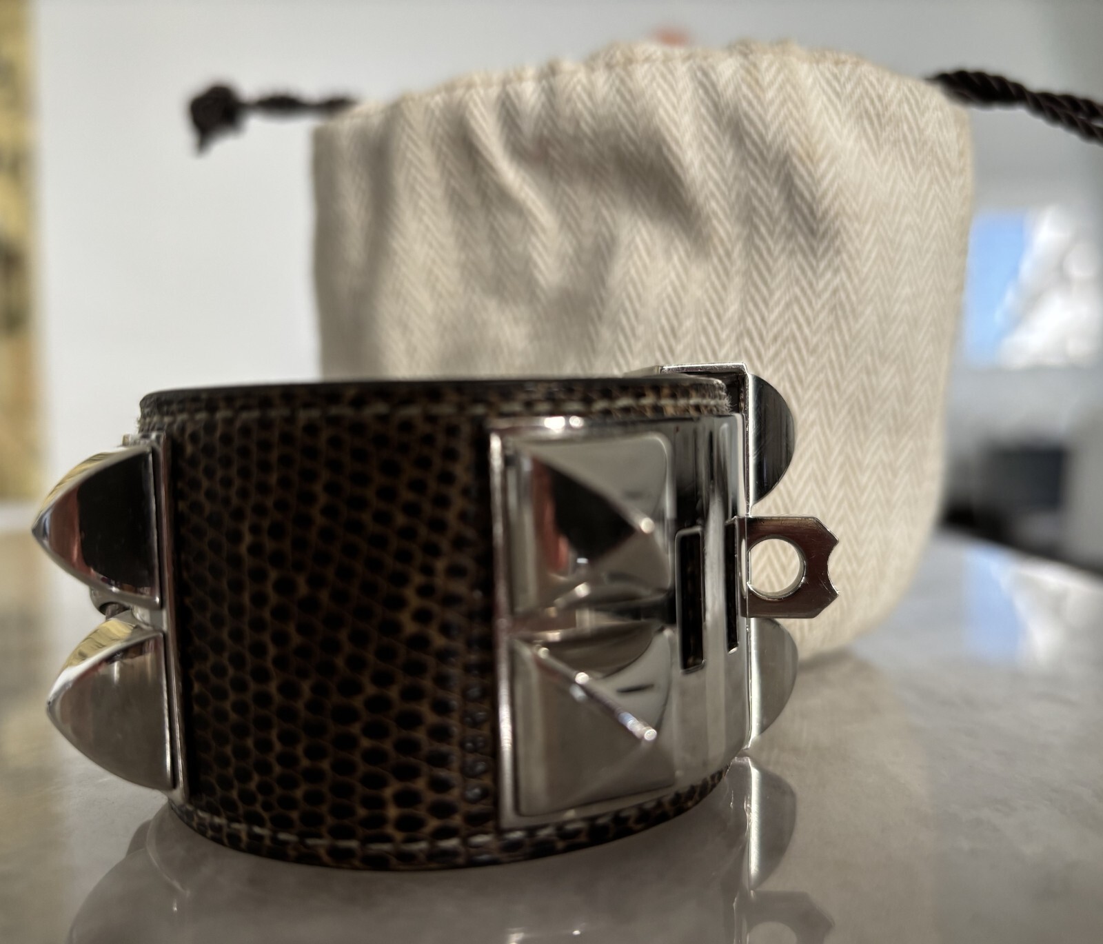 Hermès Collier de Chien Lizard Leather Genuine Leather Palladium Bracelet S