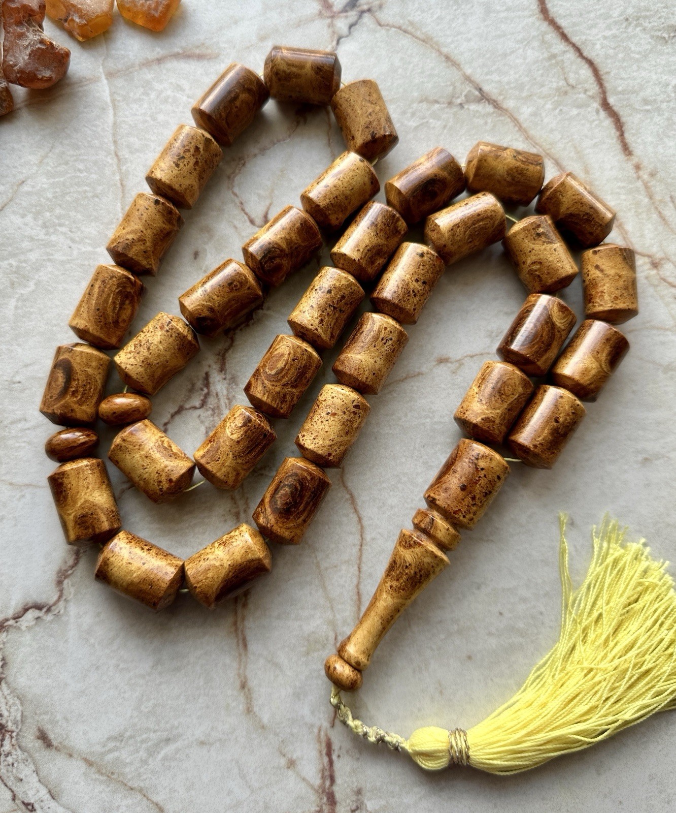 Big Baltic Amber 140g. Islamic Prayer Rosary Barrel 33 Brown Beads Pressed