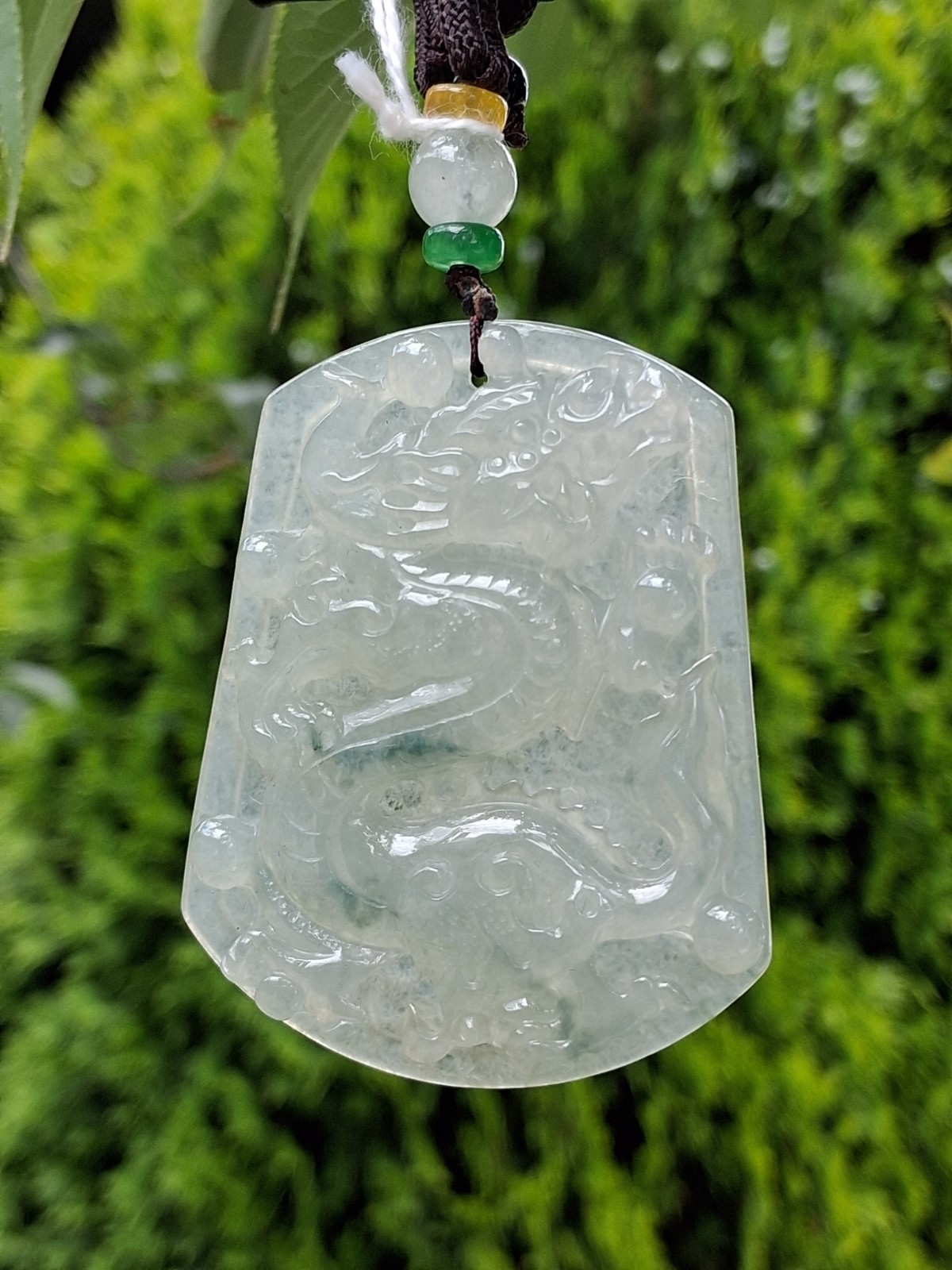 Natural Green Jade Dragon Amulet Pendant Necklace on Cord, Rectangle, Unisex