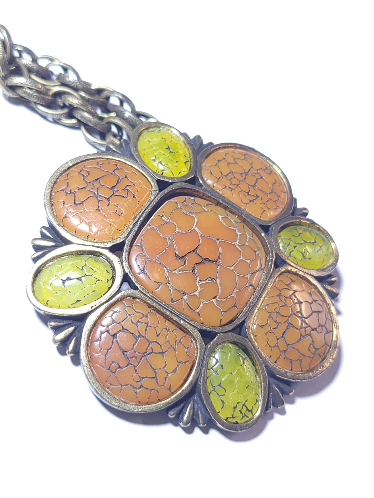 Hobé Vintage Necklace Orange Lime Green Thermoplastic Amulet Pendant 16″ Chain