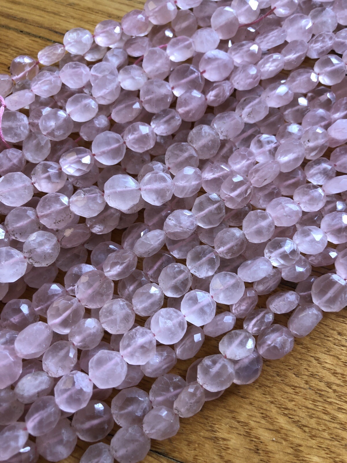 Old Stock 14 In Strand Natural Rose Quartz Gemstone Faceted Coin Pink Beads 8mm