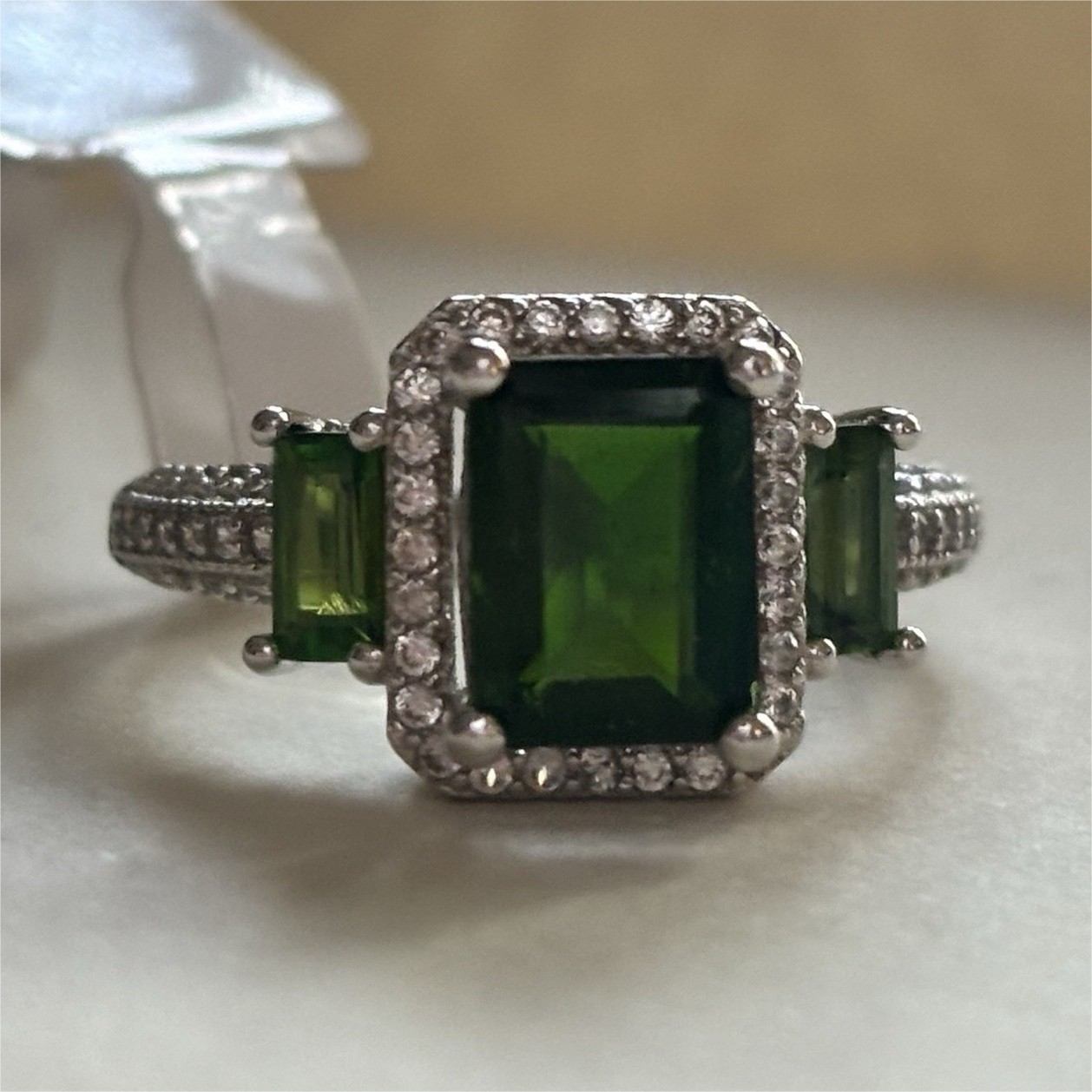 925 Silver Russian Chrome Diopside Emerald Cut Halo Cocktail Ring Prong Set Sz 6