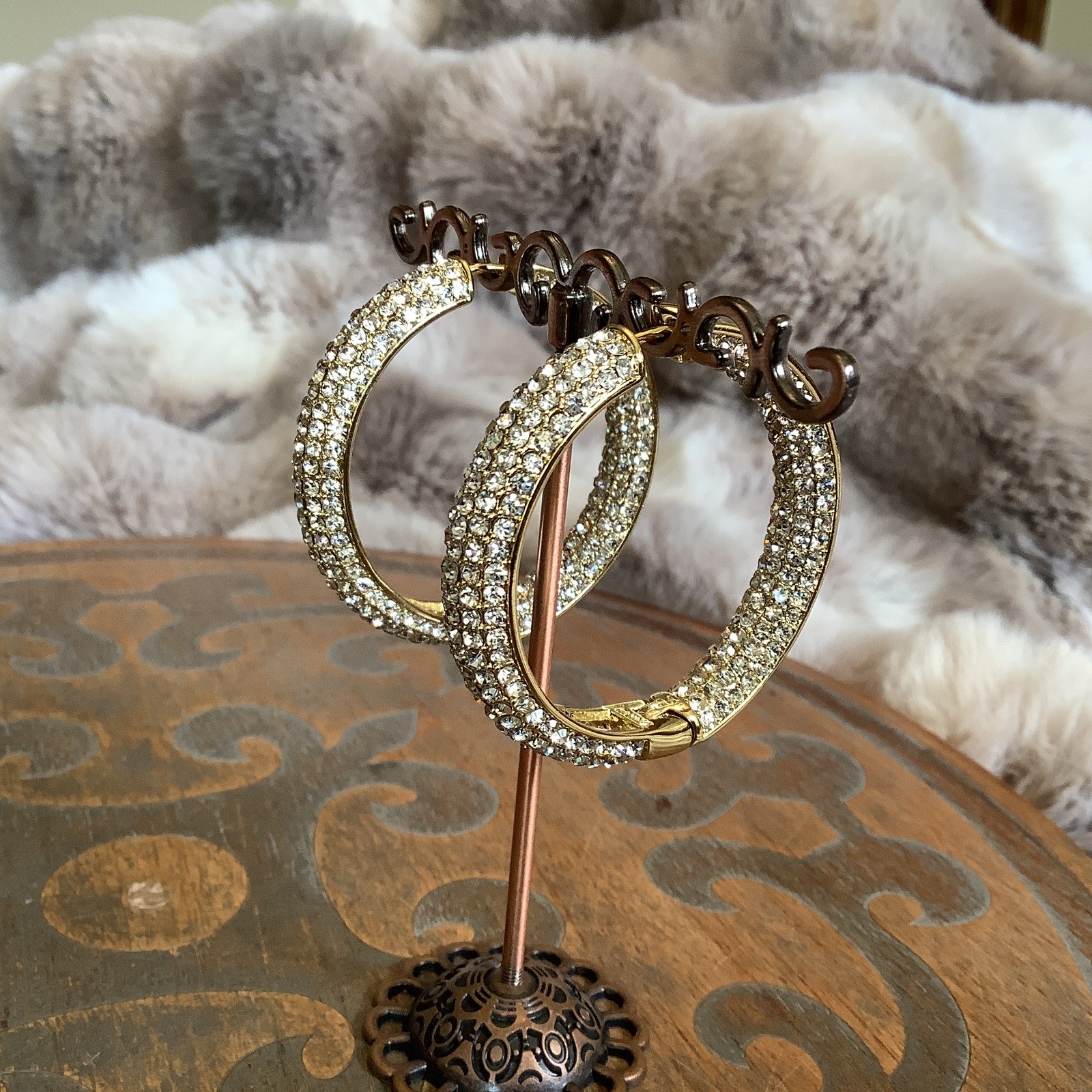 Joan Boyce Not For The Faint Of Heart Dramatic Gold Pave Crystal Hoop Earrings