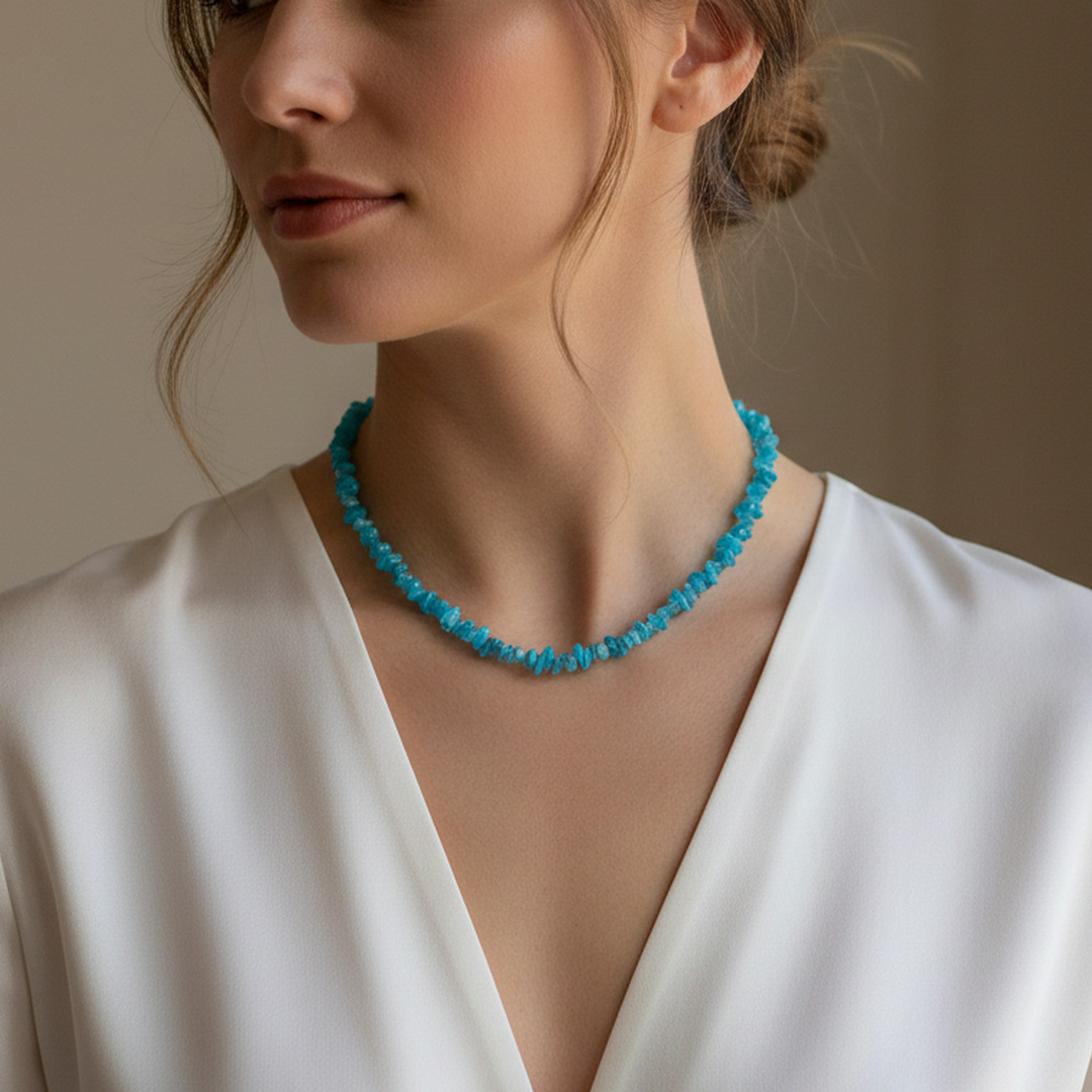 Neon Apatite Rough Nugget Beaded Necklace in 925 Sterling Silver, 24 Inch