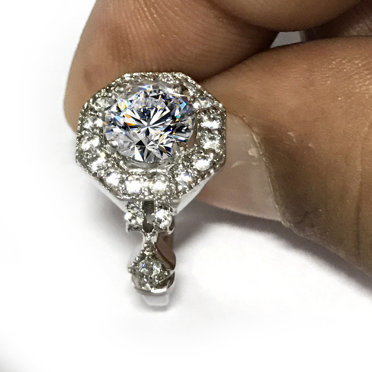 1.90 Ct White Round Real Moissanite Halo Engagement Ring In 925 Sterling Silver