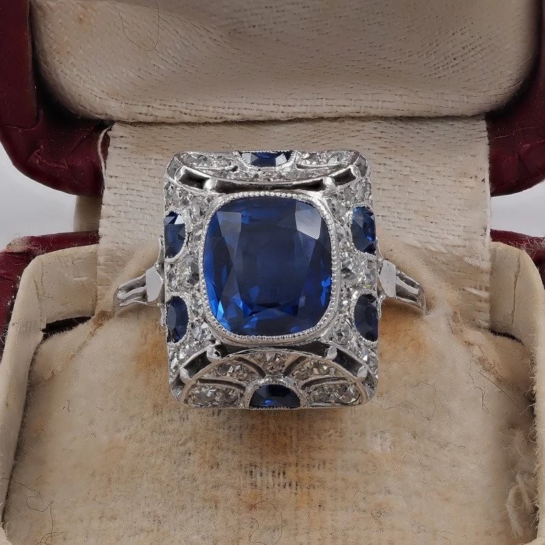 Art Deco Style Sapphire & Lab Created Diamond 14K White Gold FN Engagement Ring