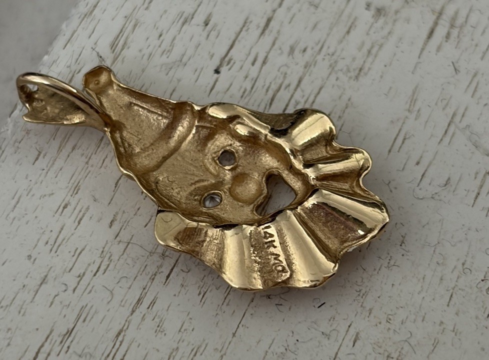 14K Yellow Gold Clown Face Charm Pendant w/ Round White Stones, Signed