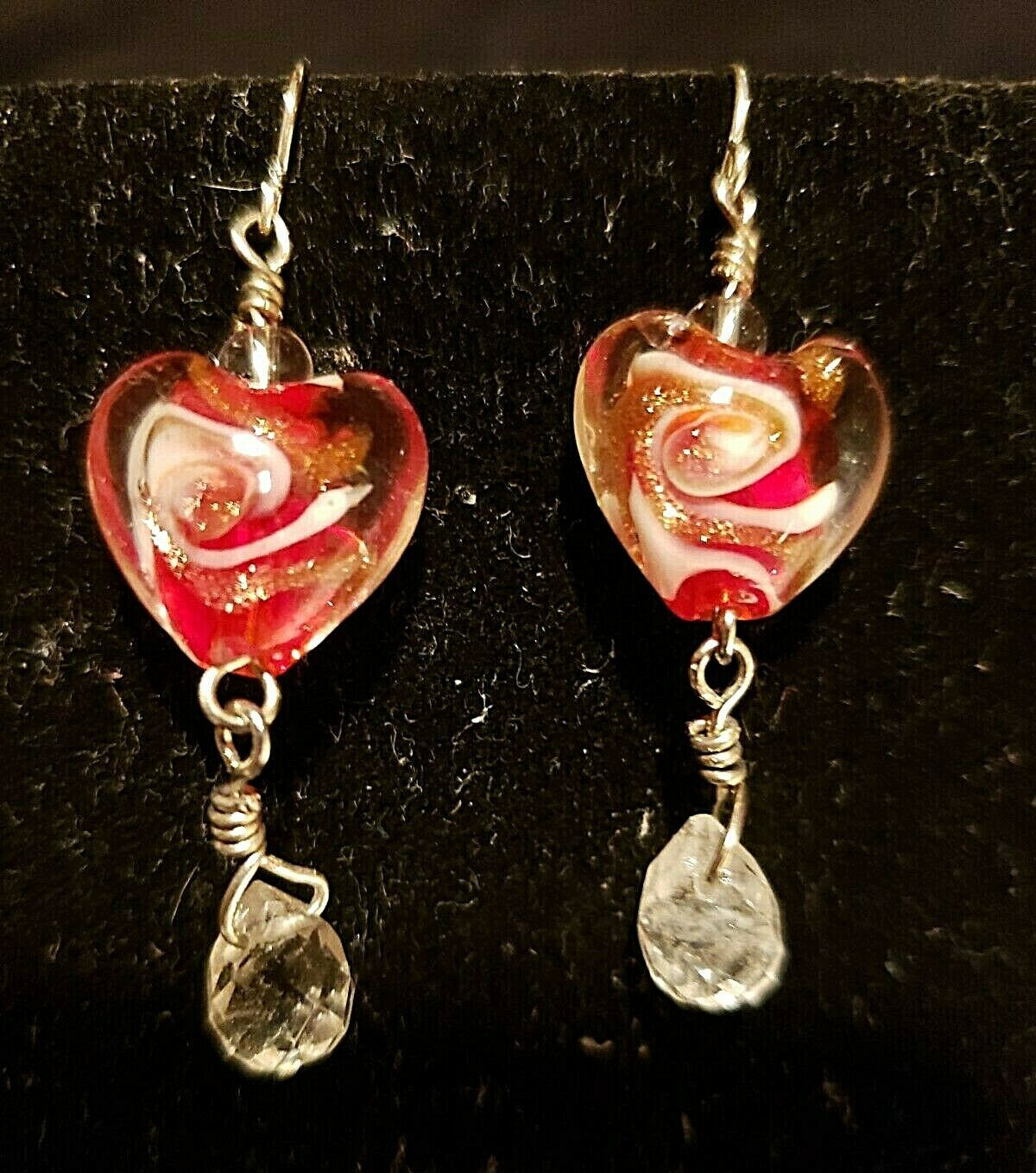 Heart Glass Drop Earrings Clear Red White Gold Valentines Crystal Love Handmade