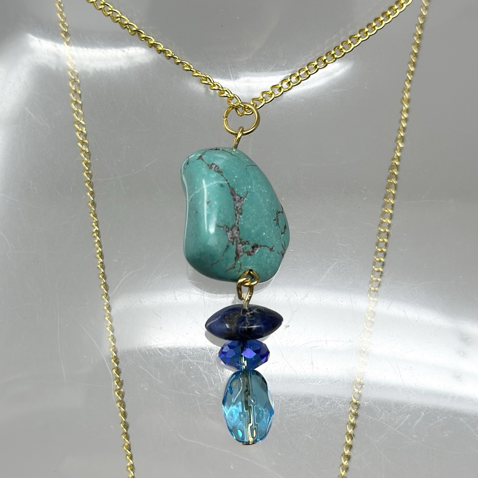 Vintage Turquoise Nuggets Blue Crystal Lapis Lazuli Pendant Gold Tone Necklace