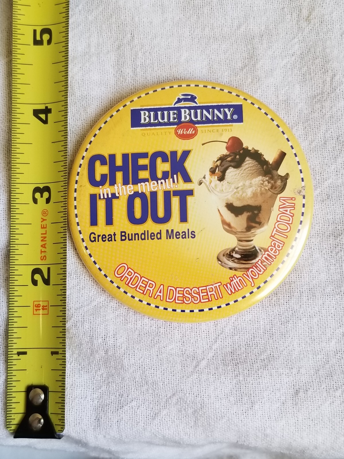 Blue Bunny Wells Pinnacle Button Check It Out VTG Vintage 3×3 Inches