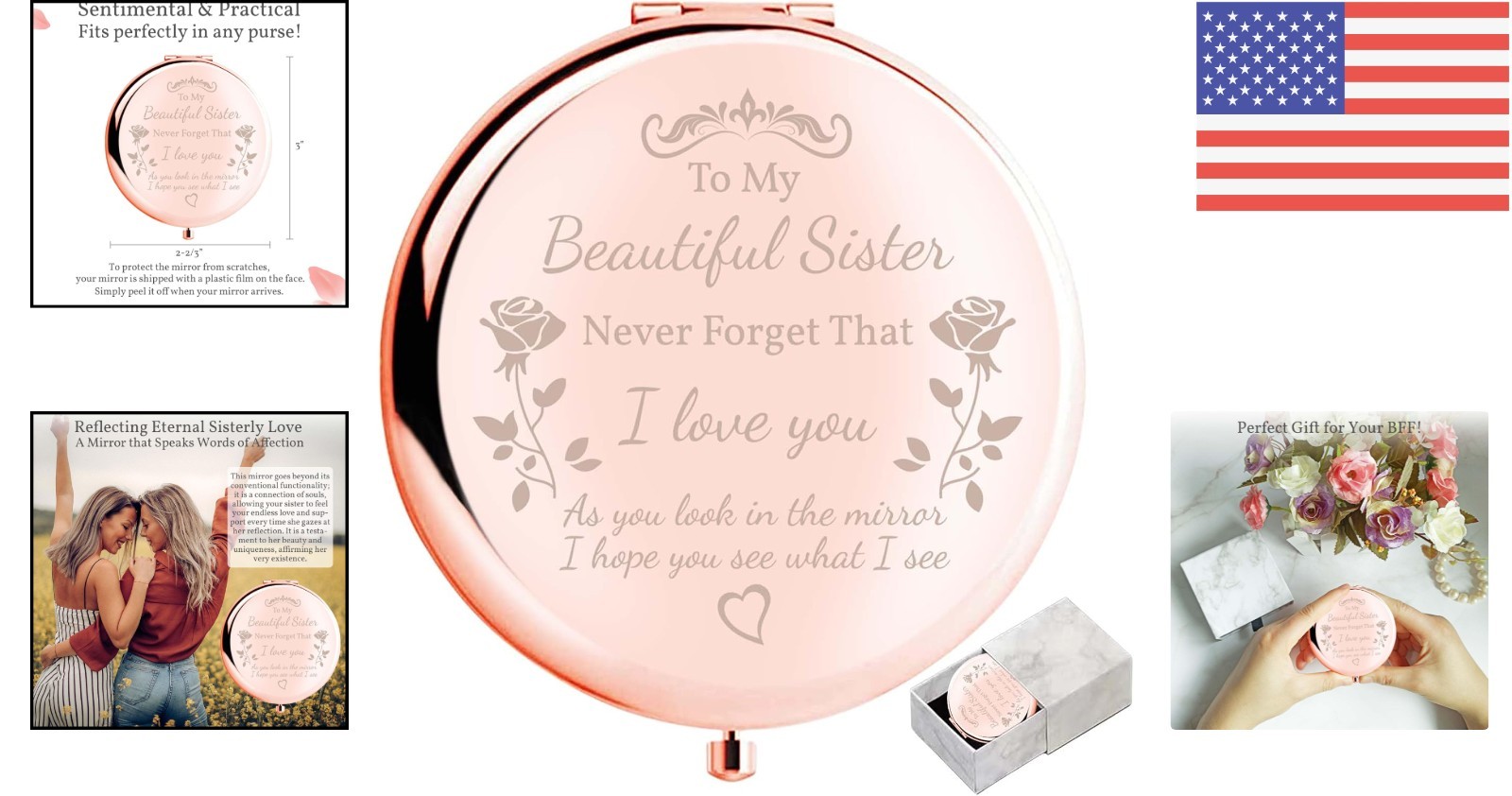 Elegant Compact Mirror to My Sister – Unique Rose Gold Gift with Love Note