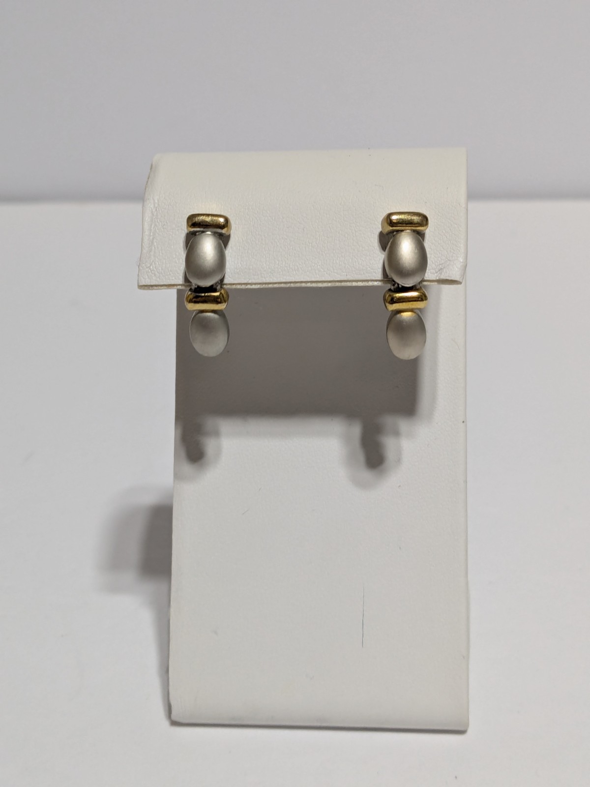 Two Toned Stud Drop Articulated Earrings 1″. Gold Tone/Silver Tone.