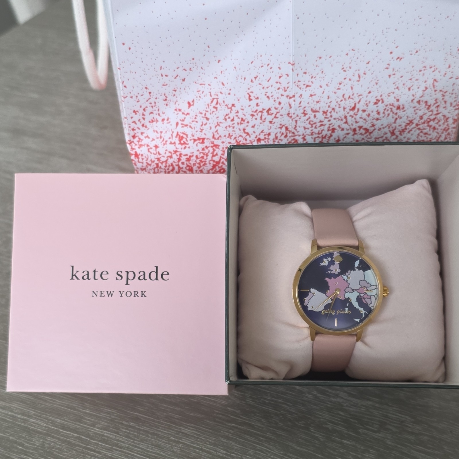 kate spade new york Metro World Map Dial Quartz Pink Leather w/ Box