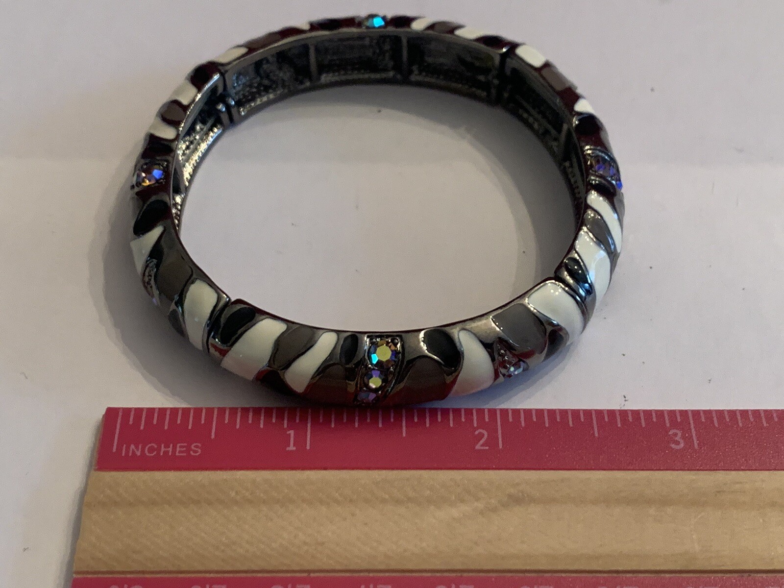 Joan Rivers Black/ Gray/ White Enamel Elastic Bracelet AB Crystals – BinT