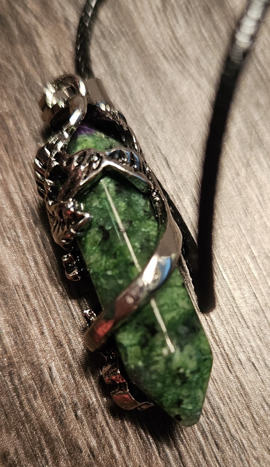 Ruby Zoisite Pendant Necklace Beautiful Silver Colored Wrapping Black Cord 18″