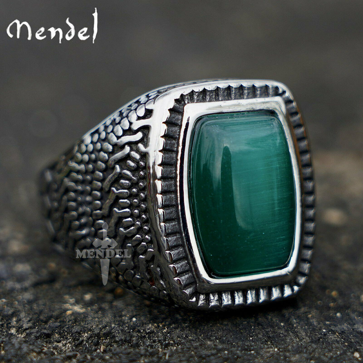 MENDEL Mens Stainless Steel Green Stone Bold Ring For Men Size 7 8 9 10 11 12 13
