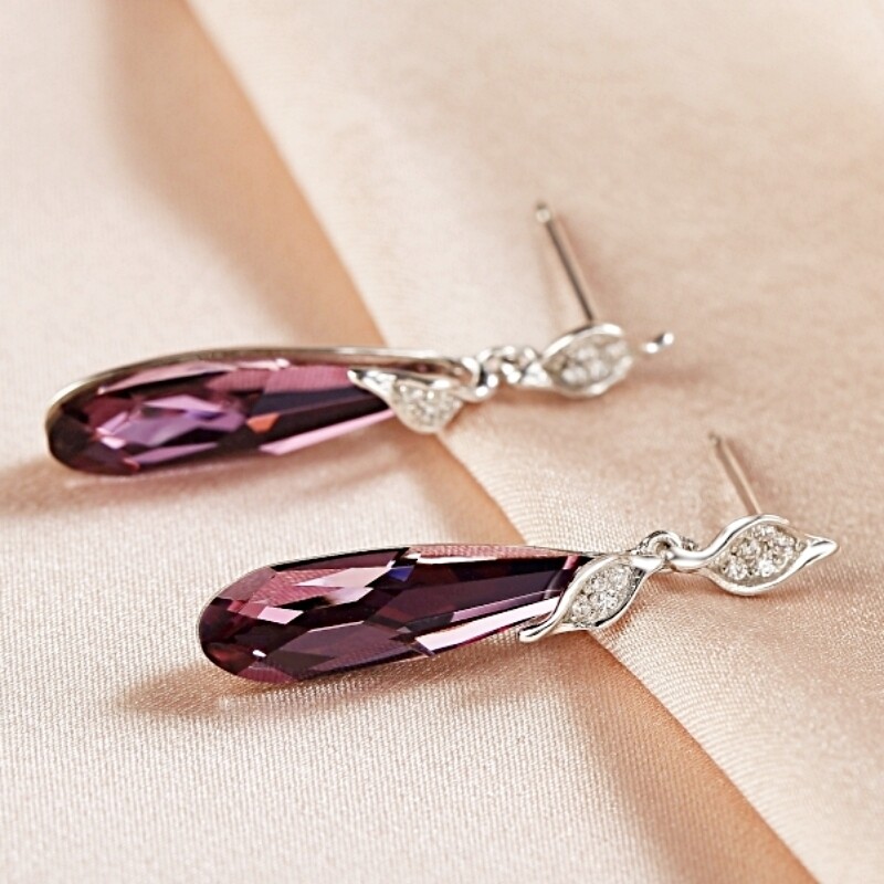 S925 Sterling Silver Made With SWAROVSKI Crystal Long Oval Amethyst Earrings