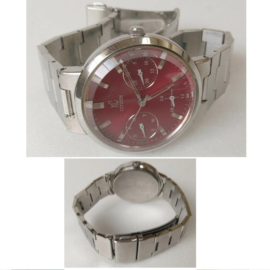 Used fully functional Citizen women’s red dial chronograph watch XC day date wit