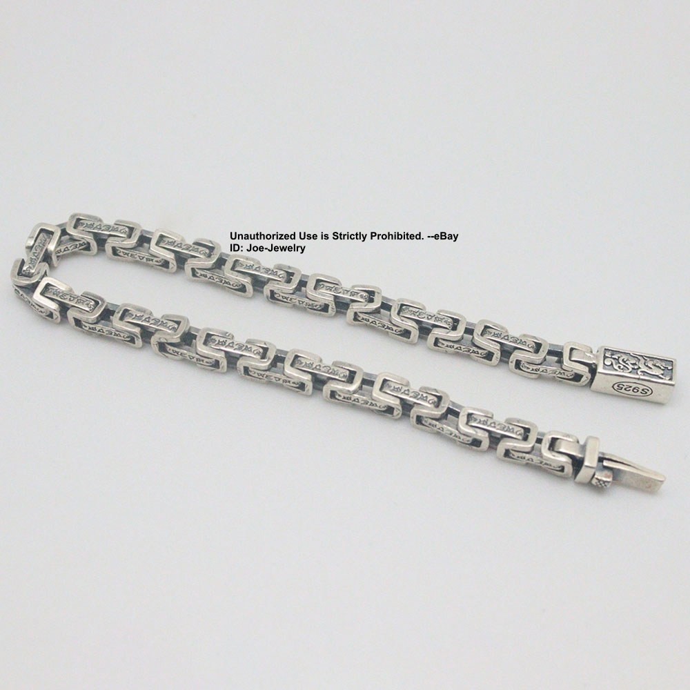 Real 925 Sterling Silver Men’s Bracelet Sutra Link Chain Dragon Clasp 8.26inch