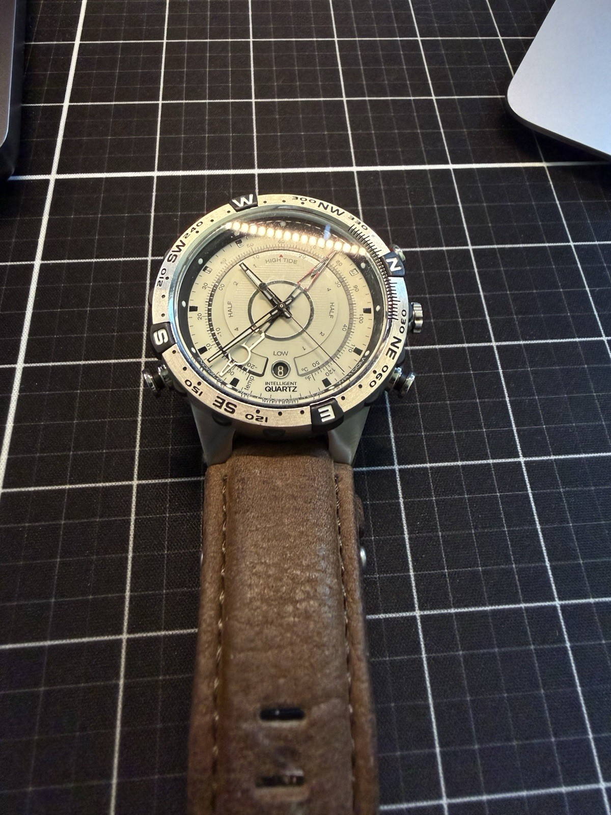 Timex Intelligent Quartz Compass Tide Tracker Beige Dial Leather Wristwatch