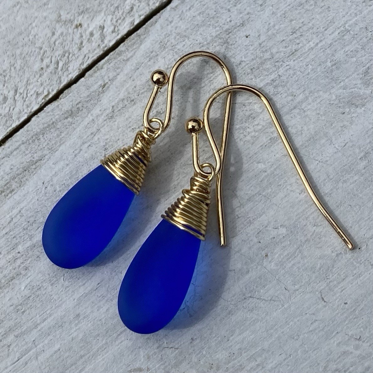 Min Favorit Cobalt Blue Sea Glass Teardrop & Gold Pl Artisan Wrap Earrings