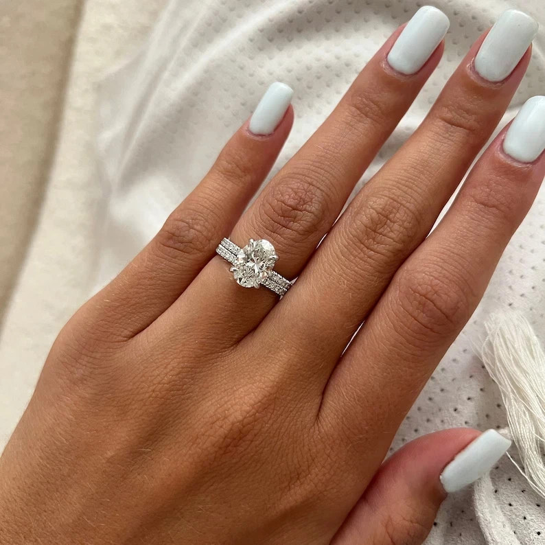2.4 Carat Oval Set Diamond Ring Set Wedding Lab Grown IGI 14k White Gold VVS E F