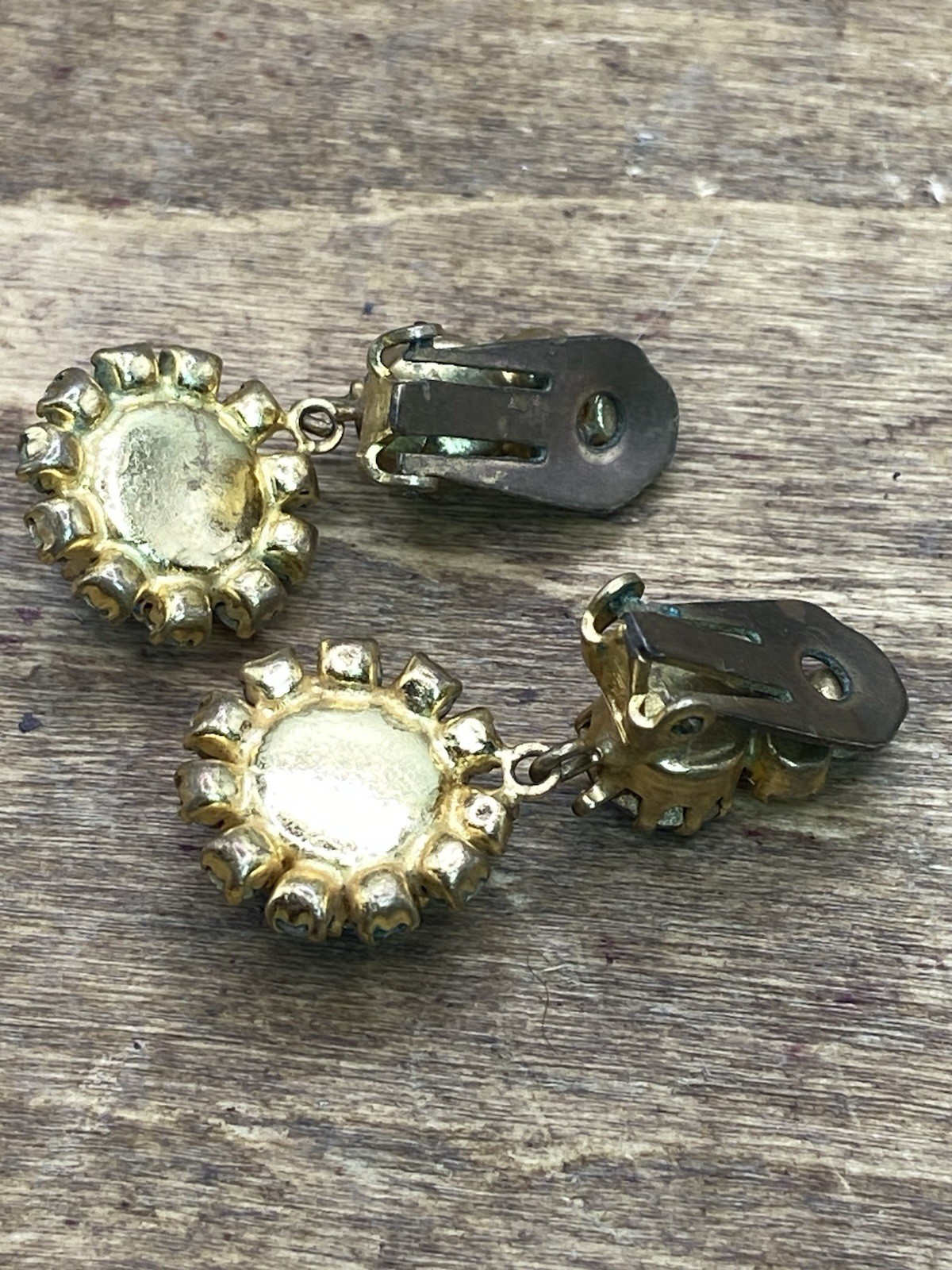 Vintage 1950s Blue & Clear Rhinestone Gold Tone Clip On Dangle Earrings 1.5”