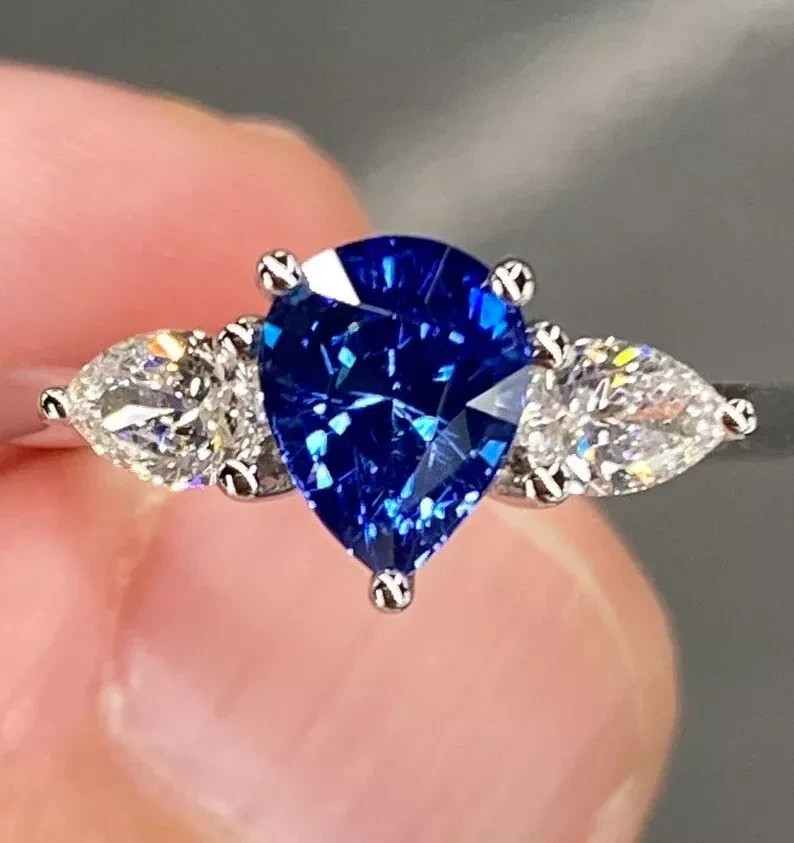 RARE 4.00 Ct Certified Pear Cut Natural Blue Diamond Ring White Gold Finish