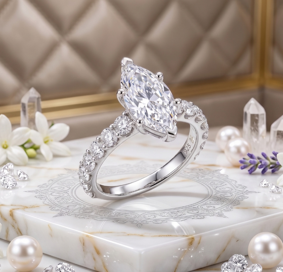 5.00 Ct Certified Marquise Cut White Natural Diamond Ring VVS1 White Gold Finish