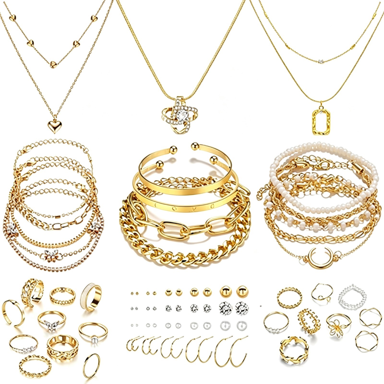 Gold Stackable Jewelry Set for Women, Layered Necklaces, Stack Bracelets, Hoop E