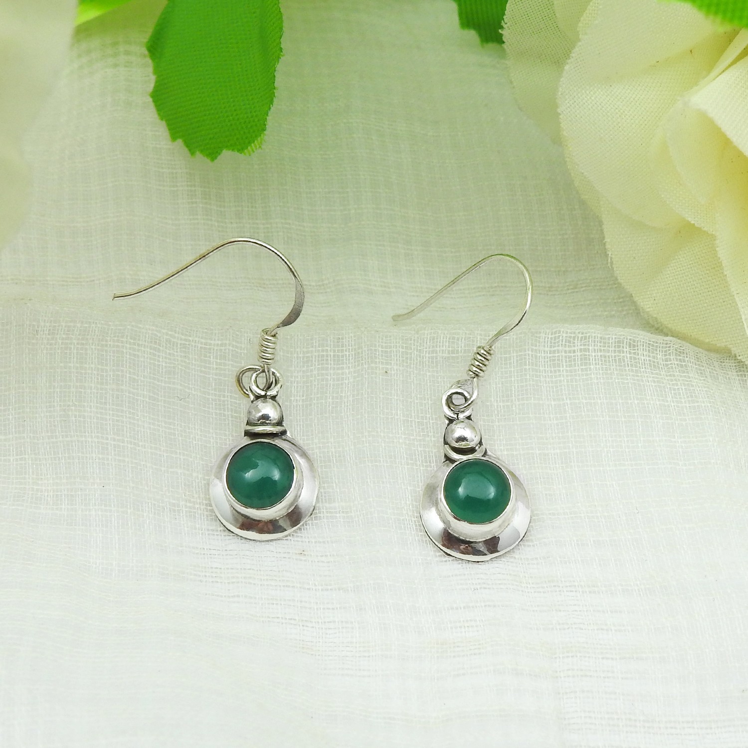 Natural Green Onyx Gemstone Dangle Earrings 925 Sterling Silver Bohemian Jewelry