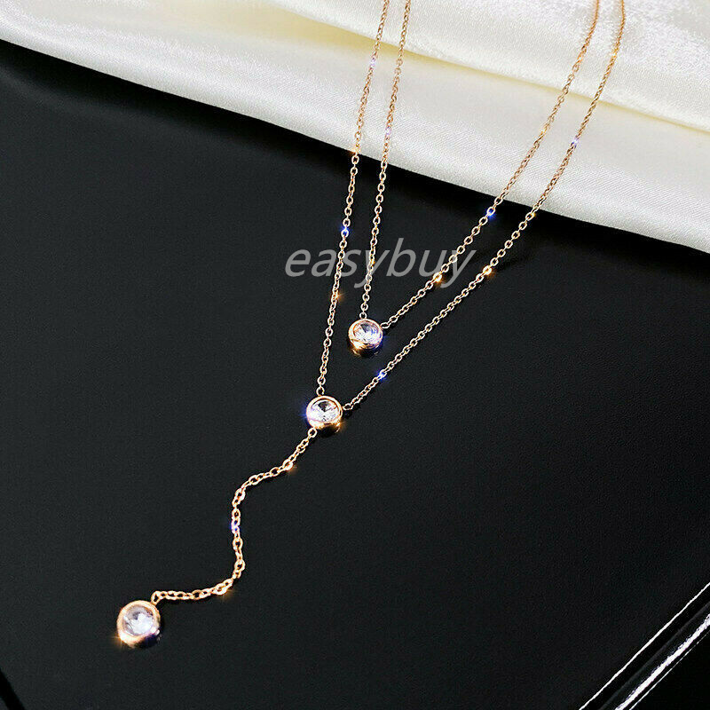 Woman Fashion 18K Gold Plated Stainless Steel Double Layers CZ Necklace Chain
