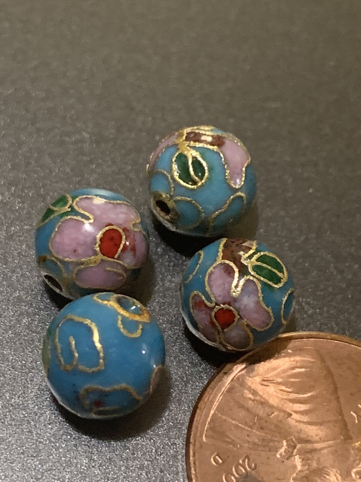 4x Lot Cloisonne Chinese Enamel Beads Vintage Blue w/ Flowers Leaves Round 8mm