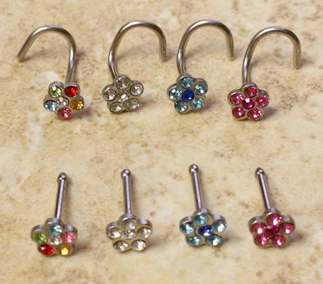 1pc Surgical Steel Nose Ring Gem Flower- choose color, 18g or 20g, Stud or Screw