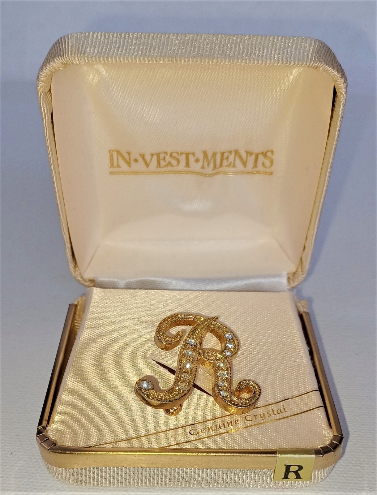 Vintage Monogram Initial R Pin Brooch Crystals Goldtone in Box Investment