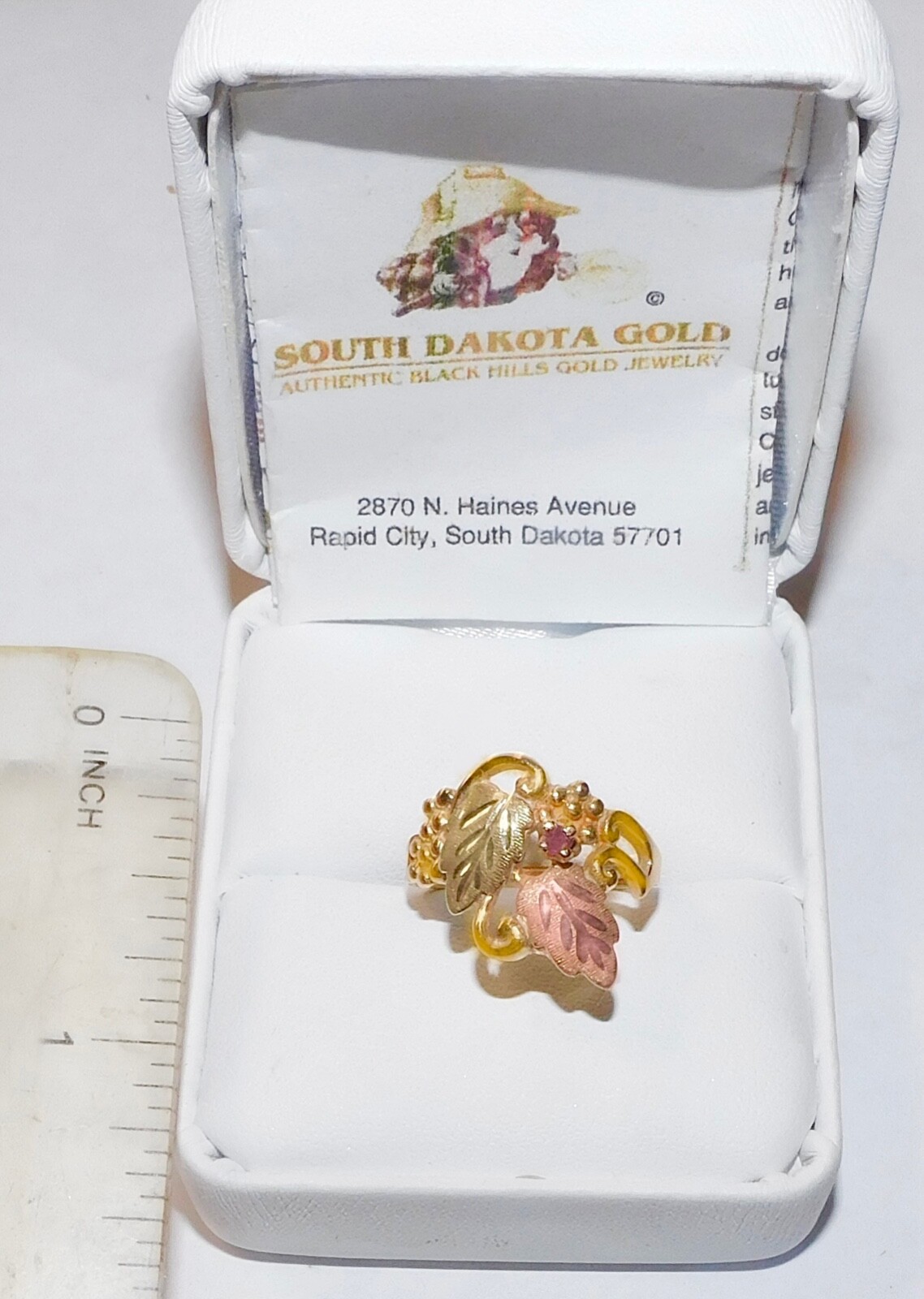 Black Hills Gold 10k 12k Ruby Accent Two Leaf Ring Size 7