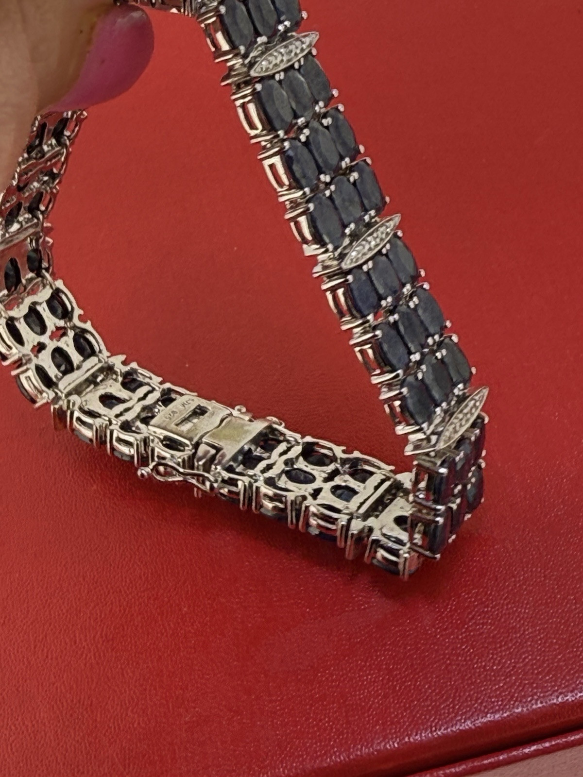 Vintage SJM Sterling Silver Blue Sapphire & Diamond Bracelet 7.5 Inch Long
