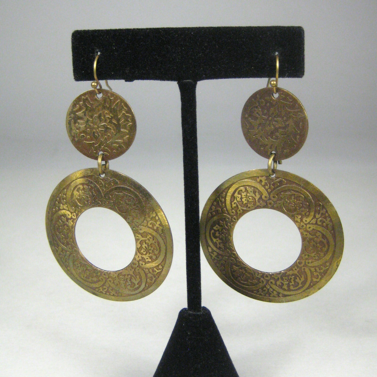Earring Pierced 2.8 in Jewelry Dangle Brasstone Hammered Texture Boho Statement