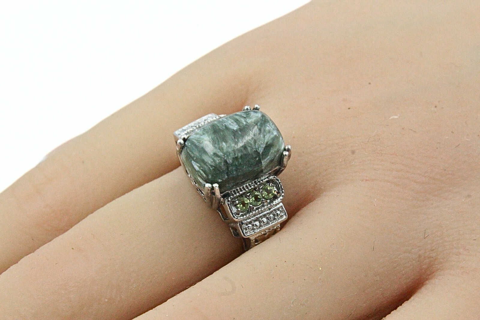 STS Karis Rhodium Plate Contemporary Green Opal HSN Cocktail Ring Sz 7
