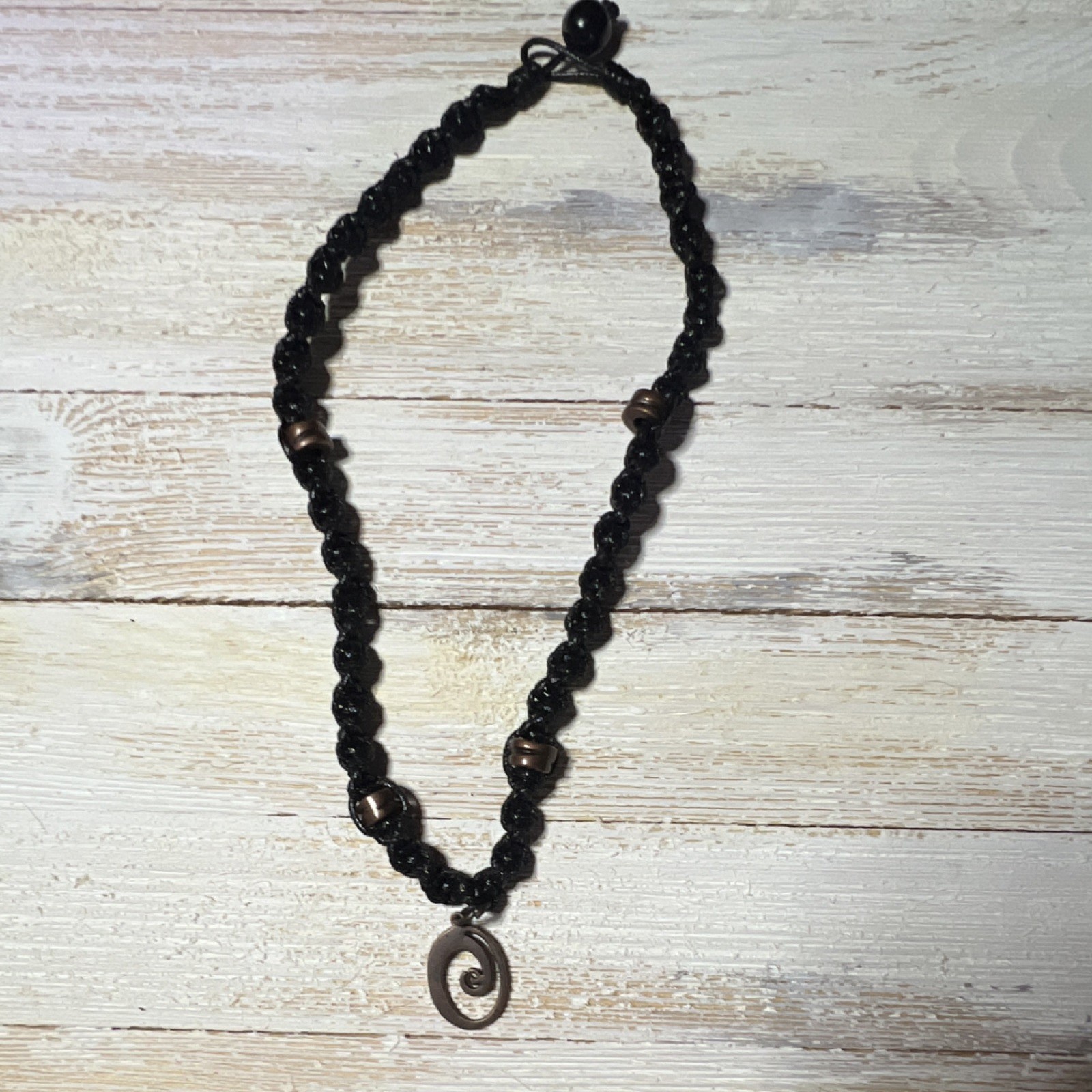 Black Rope Cord Beaded Necklace w/ Spiral Charm Pendant & Toggle Closure